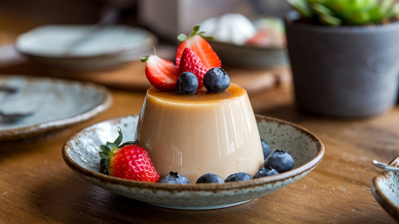 3. Kobe Pudding: A small dish of silky Kobe pudding with a caramel layer, garnished with fresh fruit and served on a wooden table.
