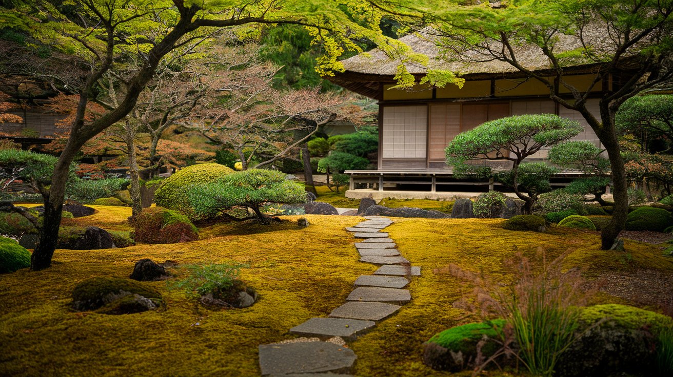 Sorakuen Garden, surrounded by mossy stones and a traditional wooden tea house in the background.